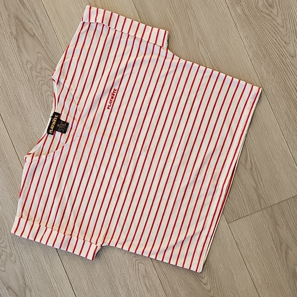 Y2K Playmate Red & White Striped Boxy Shortsleeve Tee Velour Playmate Logo Med